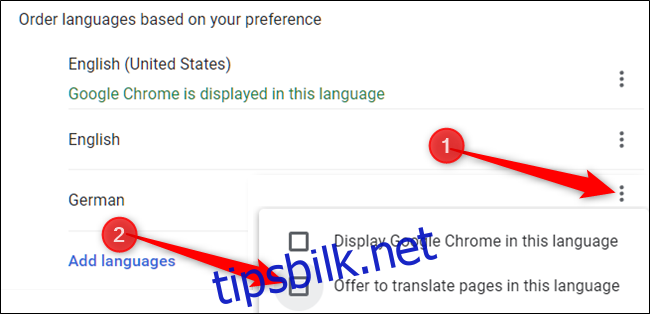 Velg manuelt hva Chrome gjør med et språk ved å klikke på de tre prikkene ved siden av et språk, og deretter krysse av/fjerne merket 