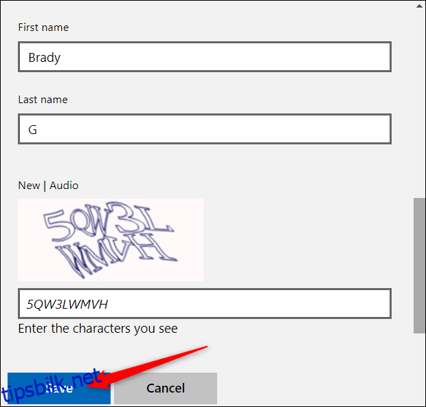 Skriv inn ditt nye navn (for- og etternavn), etterfulgt av CAPTCHA-utfordringen.  Klikk 