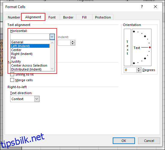 I dialogboksen Formater celler i Excel klikker du på kategorien Justering og klikker på 